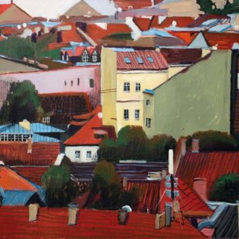 「Vilnius roofs-1」というタイトルの絵画 Anastasia Berezaによって, オリジナルのアートワーク, アクリル ウッドストレッチャーフレームにマウント