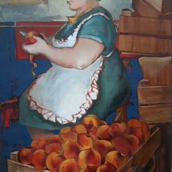 Painting titled "Peach seller (50x70…" by Abgar Khachatryan, Original Artwork, Oil Mounted on Wood Stretcher frame