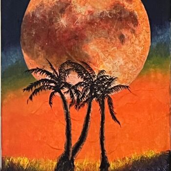 Painting titled "Tropical Orange moon" by Andrew (Ana` Alu) Hollimon, Original Artwork, Acrylic Mounted on Wood Stretcher fr…