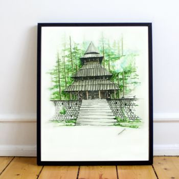 Painting titled "Hidamba Temple" by Abhishek Chauhan, Original Artwork, Watercolor