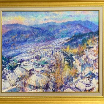 Painting titled "Happy winter season" by Abid Khan, Original Artwork, Oil Mounted on Wood Stretcher frame