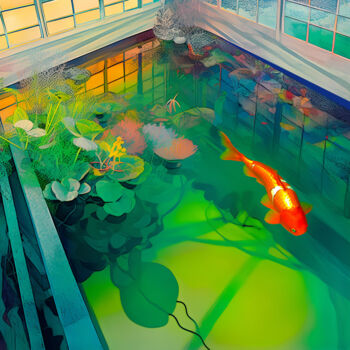 Malerei mit dem Titel "Koi Pond" von Abol Bahadori, Original-Kunstwerk, Aquarell