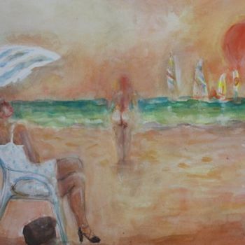 Disegno intitolato "scène de plage" da A Bourg Art, Opera d'arte originale