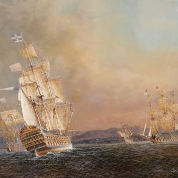 Painting titled "Batalha Naval do Po…" by Abraham Levy Lima, Original Artwork, Oil Mounted on Metal