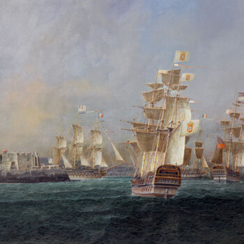 Pintura intitulada "Batalha Naval do Te…" por Abraham Levy Lima, Obras de arte originais, Óleo Montado em Armação em madeira
