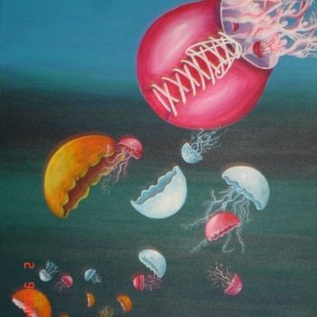 Painting titled "jellyfishes and hum…" by Önder Bora, Original Artwork, Oil