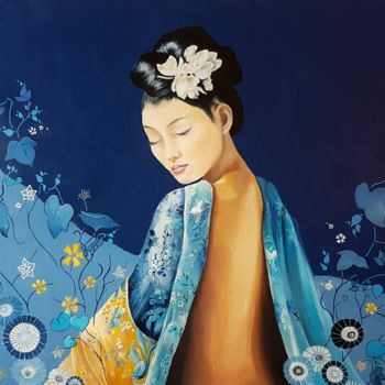 Peinture intitulée "Balinaise (in blue)" par Abygala, Œuvre d'art originale, Huile