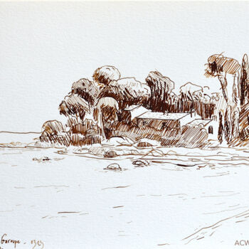Zeichnungen mit dem Titel "Cap d'Antibes - Pla…" von Alain Crousse (ACWATERCOLORS), Original-Kunstwerk, Tinte