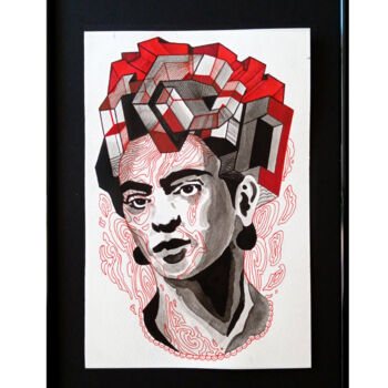 Rysunek zatytułowany „Kubistyczna Frida” autorstwa Adam Mikołaj Iwan, Oryginalna praca, Atrament Zamontowany na Panel drewni…