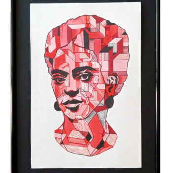 Drawing titled "Kubistyczna Frida 2" by Adam Mikołaj Iwan, Original Artwork, Marker Mounted on Wood Panel