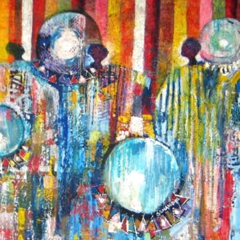 Malarstwo zatytułowany „Drummers” autorstwa Benedict Adedipe, Oryginalna praca, Olej