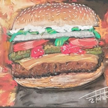 Painting titled "Yummy hamburger" by Adel Fahmi, Original Artwork, Pastel