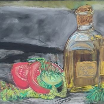 Painting titled "Olive oil, tomato a…" by Adel Fahmi, Original Artwork, Pastel