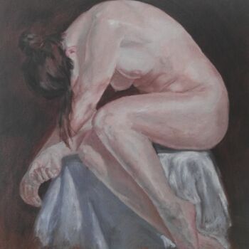 Painting titled "Seated female nude" by Adela V, Original Artwork, Oil Mounted on Cardboard