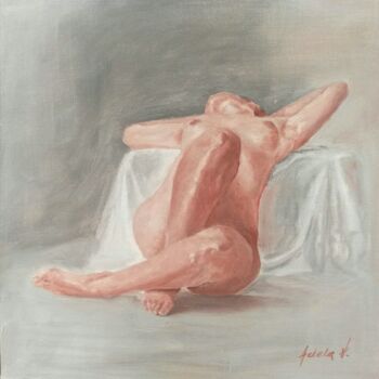 Painting titled "Sitting female nude" by Adela V, Original Artwork, Oil Mounted on Cardboard