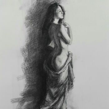 Drawing titled "Standing draped nude" by Adela V, Original Artwork, Charcoal