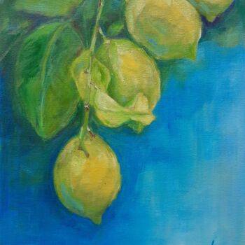 Peinture intitulée "Lemons on a branch" par Adela V, Œuvre d'art originale, Huile Monté sur Carton