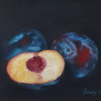 Painting titled "Still life with teg…" by Adela V, Original Artwork, Oil Mounted on Cardboard