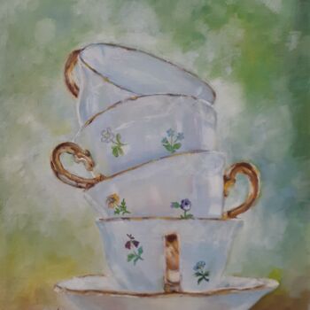 Schilderij getiteld "Tea time" door Adela V, Origineel Kunstwerk, Olie Gemonteerd op Karton