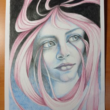 Рисунок под названием "Girl with pink hair…" - Adelacreative, Подлинное произведение искусства, Карандаш