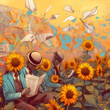 Arte digitale intitolato "Sunflower reading a…" da Ademà, Opera d'arte originale, Immagine generata dall'IA