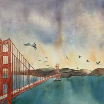 Painting titled "Le Golden Gate" by Aline Demarais, Original Artwork, Watercolor