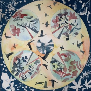 Peinture intitulée "Mandala, les oies s…" par Aline Demarais, Œuvre d'art originale, Aquarelle
