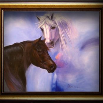 Painting titled "deux chevales avec…" by Adham Bozart, Original Artwork