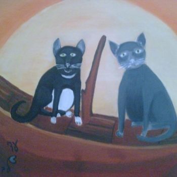 Painting titled "cats on a boat" by Adi Lev, Original Artwork