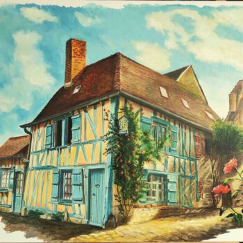 Schilderij getiteld "La maison bleue" door Adina Lupan, Origineel Kunstwerk, Olie Gemonteerd op Frame voor houten brancard