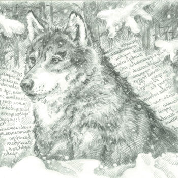 Disegno intitolato "Wolf in the winter…" da Nailya Adiyatova, Opera d'arte originale, Matita