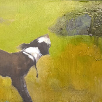 Картина под названием "The dog outside" - Nandi Veseli, Подлинное произведение искусства, Масло Установлен на Деревянная рам…