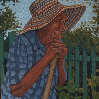 Peinture intitulée "Abuela en el jardin" par Adrian Castro, Œuvre d'art originale, Huile Monté sur Panneau de bois
