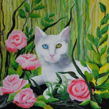 Painting titled "white-cat-in-the-ga…" by Adriana Stana, Original Artwork, Acrylic