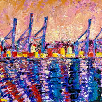 Painting titled "Sunset Over Port Of…" by Adriana Dziuba, Original Artwork, Acrylic