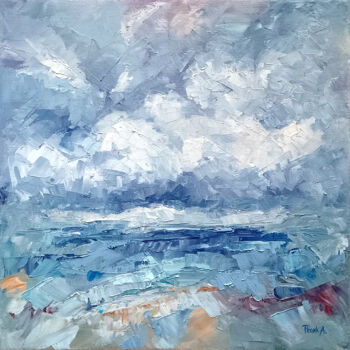 Painting titled "Abstract Seascape W…" by Adrienn Pécsek, Original Artwork, Oil Mounted on Wood Stretcher frame