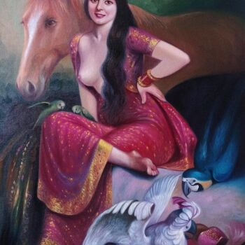 Malerei mit dem Titel "horse with semi nud…" von Rashmi Soni, Original-Kunstwerk, Öl