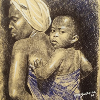 Disegno intitolato "Her Mother's Plight" da Adu Adeyinka, Opera d'arte originale, Biro