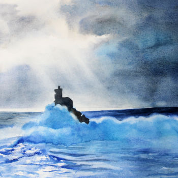 Painting titled "Le Phare de Tévennec" by Adyne Gohy, Original Artwork, Watercolor