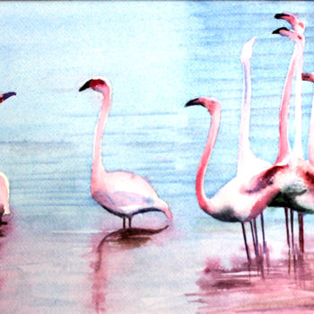 Painting titled "Des Flamants roses" by Adyne Gohy, Original Artwork, Watercolor Mounted on Other rigid panel