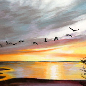 Painting titled "Au Lac du Der" by Adyne Gohy, Original Artwork, Pastel Mounted on Wood Stretcher frame