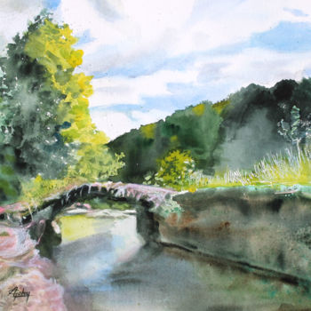 Painting titled "Le petit pont romai…" by Adyne Gohy, Original Artwork, Watercolor