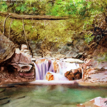 Pintura intitulada "Cascade de l'Envers…" por Adyne Gohy, Obras de arte originais, Aquarela