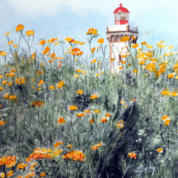 Painting titled "Le Phare des Poulai…" by Adyne Gohy, Original Artwork, Watercolor