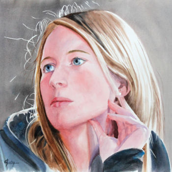 Painting titled "Pensive" by Adyne Gohy, Original Artwork, Watercolor