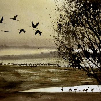 Картина под названием "Lac du Der" - Adyne Gohy, Подлинное произведение искусства, Акварель