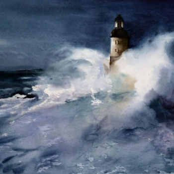 Pintura intitulada "Phare Armen" por Adyne Gohy, Obras de arte originais, Aquarela