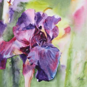 Painting titled "Iris bleu 1" by Adyne Gohy, Original Artwork, Watercolor