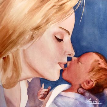 Schilderij getiteld "Maternité" door Adyne Gohy, Origineel Kunstwerk, Aquarel