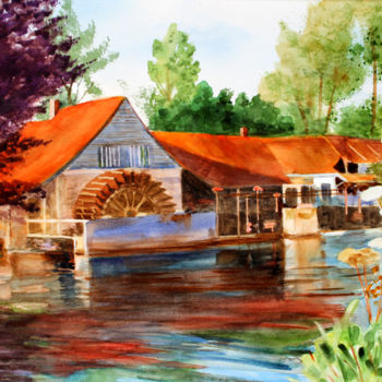 Painting titled "Le Moulin de Mainte…" by Adyne Gohy, Original Artwork, Watercolor